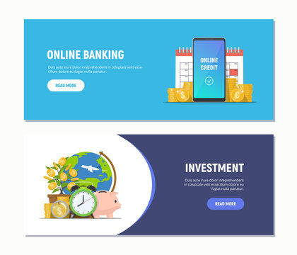 Flat design web banners for online banking, investment. Modern business concepts templates. Vector illustration