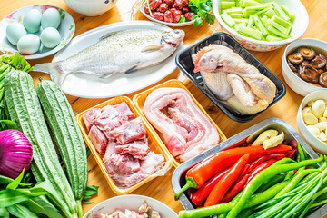 Fresh ingredients for cooking, vegetables and meat