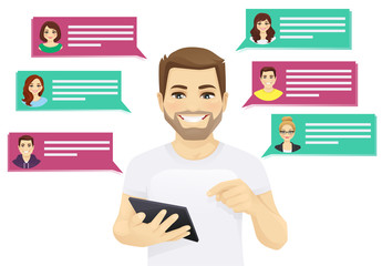 Online chat vector illustration. Man holding tablet and touching the screen.