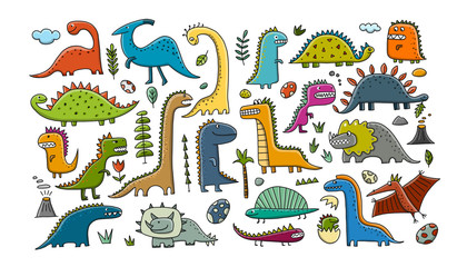 Fototapeta premium Funny dinosaurs collection, childish style. Sketch for your design