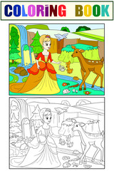 Snow White in the woods with animals. Tale, cartoon, color book black lines on a blank background. Coloring, black and white