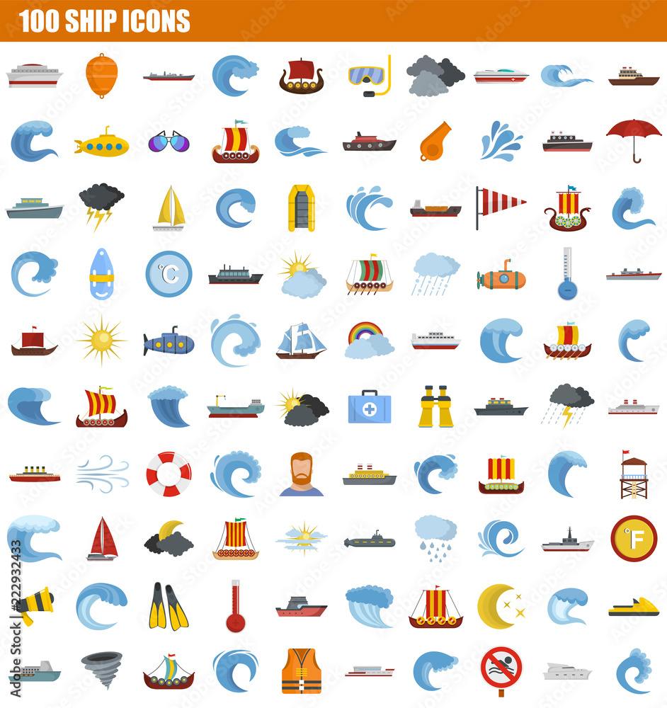 Poster 100 ship icon set. flat set of 100 ship vector icons for web design