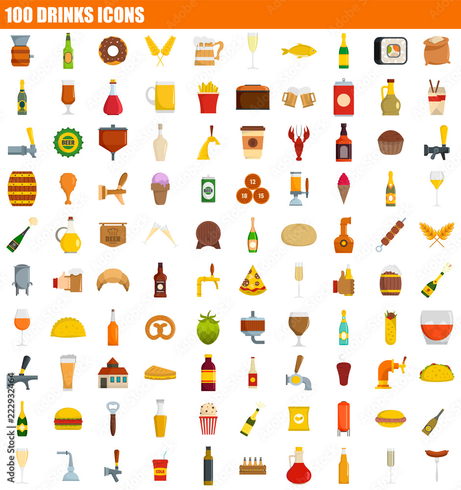 Aufkleber 100 drinks icon set. flat set of 100 drinks vector icons for web design
