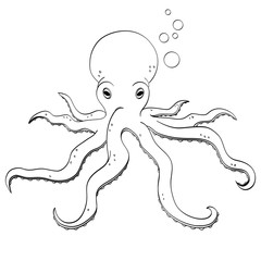 Sea animal, octopus. Inhabitant of the depths of the ocean. Raster, object on white background. Coloring book