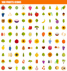 100 fruits icon set. Flat set of 100 fruits vector icons for web design