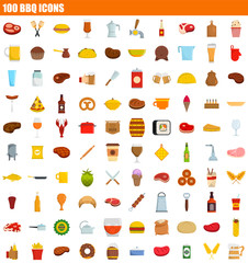 100 bbq icon set. Flat set of 100 bbq vector icons for web design