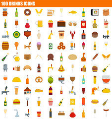100 drinks icon set. Flat set of 100 drinks vector icons for web design
