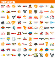 100 logo icon set. Flat set of 100 logo vector icons for web design