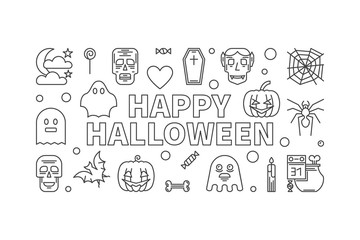 Happy Halloween vector line horizontal banner or illustration