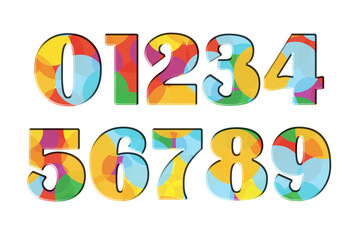 0 1 2 3 4 5 6 7 8 9 Set of Colorful rainbow numbers. One, two, three, four, five, six, seven, eight, nine, zero. White isolated