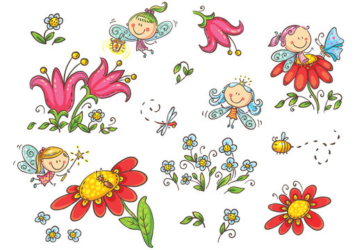 Set of cartoon fairies, insects, flowers and elements, vector graphics isolated on white background