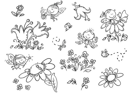 Set of cartoon fairies, insects, flowers and elements, vector graphics, black and white