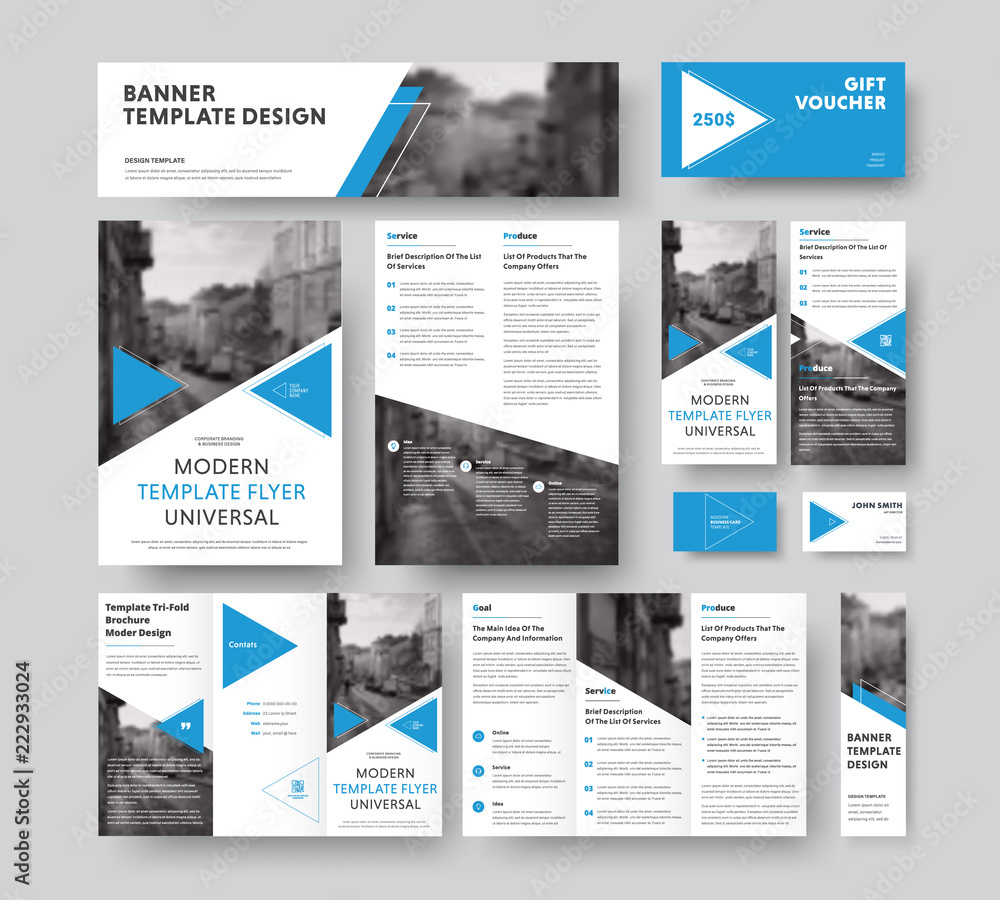 Poster corporate style set with triangular blue design elements, diagonals and a place for photos.