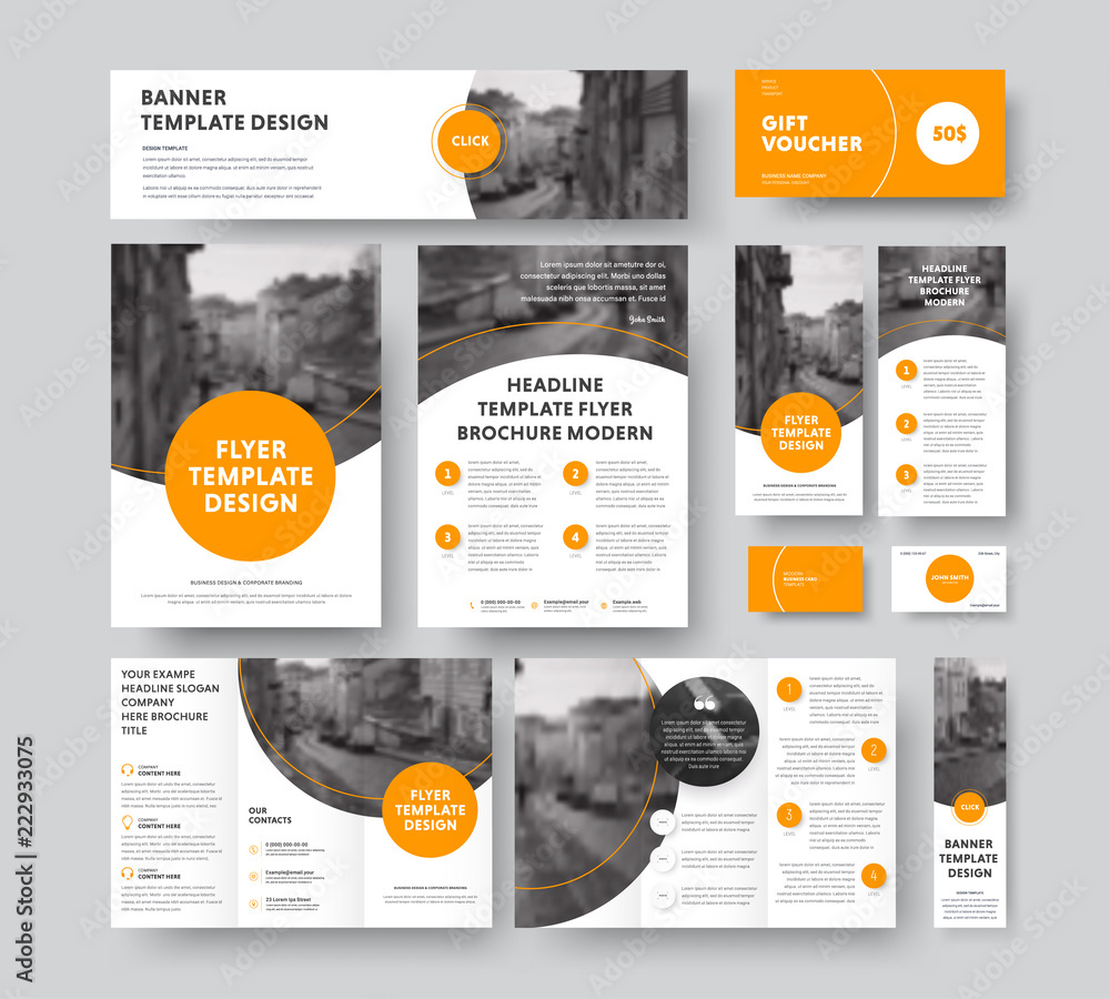 Poster corporate style with round and semicircular orange design elements and stroke, with a place for phot