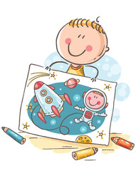 Little boy imagining himself an astronaut with a rocket in space, cartoon