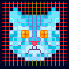 The head of a cat from colored squares and lines on a dark background