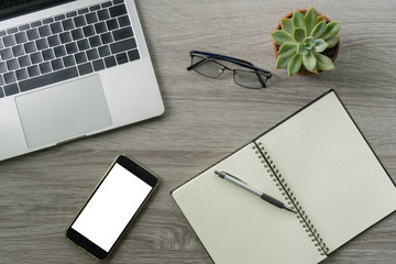 Flat lay laptop grey background