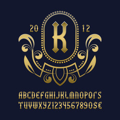 Golden monogram template in beautiful wreath frame with vintage alphabet with numbers.