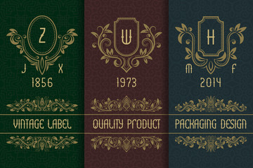 Vintage packaging design with monograms logos. Set of labels templates for quality product.