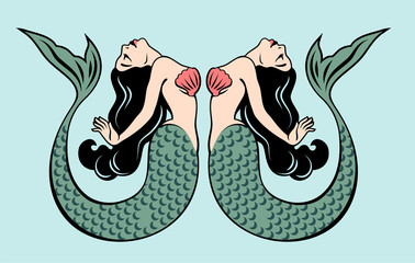 Pair of beautiful mermaids with long hair 