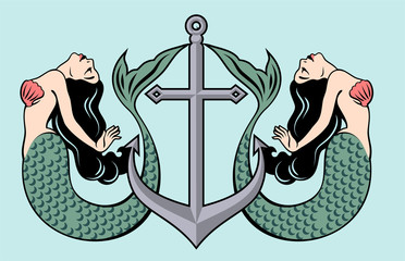 Pair of beautiful mermaids with long hair on the background of the anchor