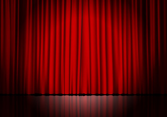 Closed red curtain background and spotlight. Theatrical drapes. - obrazy, fototapety, plakaty