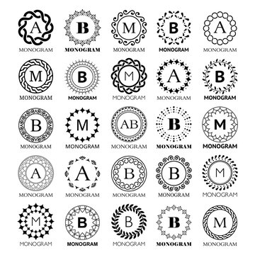 Monogram vector template design - big set. Elegant wedding or company monogram sign,  single letter and floral or abstract frame ornament 