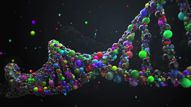 3d Render Abstract DNA Strand Made Of Spheres. Complex Gene Concept Made Of Glossy Simple Primitives. Science And Medical Theme. Loopable Animation Sequence.