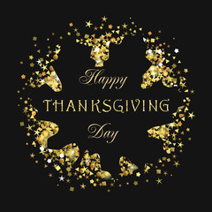 Thanksgiving golden congrats design. Abstract isolated graphic template. Luxurious leaves, sparkles and sequins, dark background. Seasonal decorative sign in traditional style, calligraphic elements.