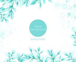 Watercolor background with green leaves and twigs on a white background.