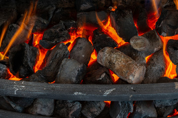 Close of burning firewood in the fireplace.