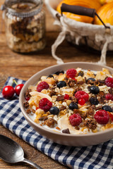 Breakfast, muesli with milk and fresh fruit.