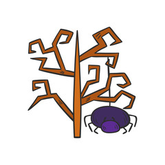 Vector cartoon hand drawn Halloween tree with spider