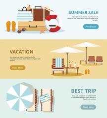 Summer Vacation and Tourism. Set Three Web banners. Beach Accessories Vector illustration.
