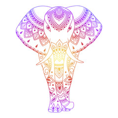 African elephant decorated with Indian ethnic floral vintage pattern. Color hand drawn decorative animal in doodle style. Stylized mehndi ornament for tattoo, print, cover.