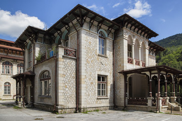 Fototapeta premium SLANIC MOLDOVA, BACAU, ROMANIA - AUGUST 09, 2018: Details of old casino and castle hotels, in Slanic Moldova, Romania