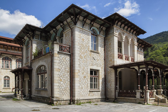 SLANIC MOLDOVA, BACAU, ROMANIA -  AUGUST 09, 2018:   Details of old casino and castle hotels, in Slanic Moldova, Romania