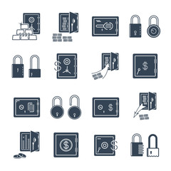 set of black icons safe, lock, money