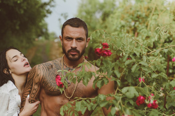 Sensual couple. Sexual problems concept. Passionate lover caressing arousing beautiful woman....