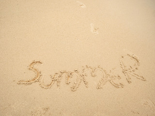 Summer text on the Sand floor in the beach