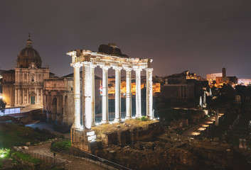 Roman Ruins Illuminated at Night