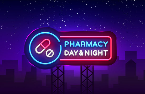 Pharmacy neon signboard vector. Medical neon glowing symbol, Light Banner, neon icon, design element. Vector illustration. Billboards