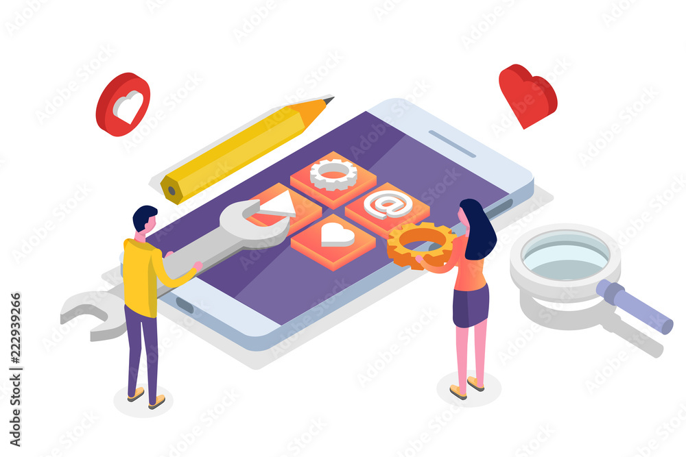 Poster mobile app development isometric concept. landing page template. vector illustration.