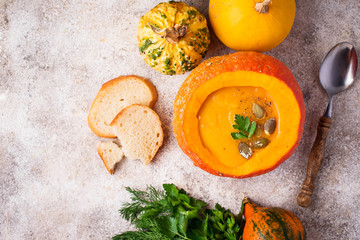 Vegetarian autumn  pumpkin cream soup 