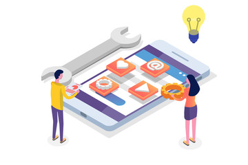 Mobile App Development isometric concept.  Landing page template. Vector illustration.