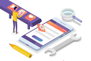 Mobile App Development isometric concept.  Landing page template. Vector illustration.