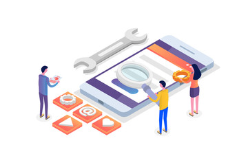 Mobile App Development isometric concept.  Landing page template. Vector illustration.