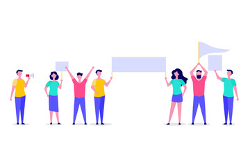 Fototapeta premium Set of Activist or Protesters men and women holding blank banner, flag, placard, loudspeaker. Vector illustration.