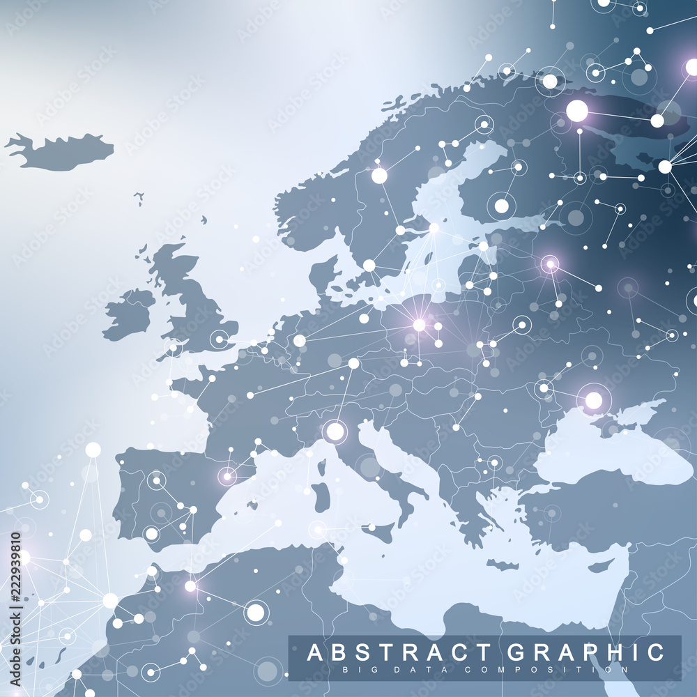 Aufkleber Geometric graphic background communication with Europe Map. Big data complex with compounds. Perspective backdrop. Minimal array. Digital data visualization. Scientific cybernetic vector illustration.