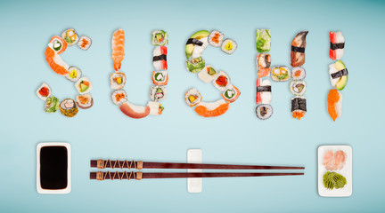 Traditional japanese sushi pieces making inscription.